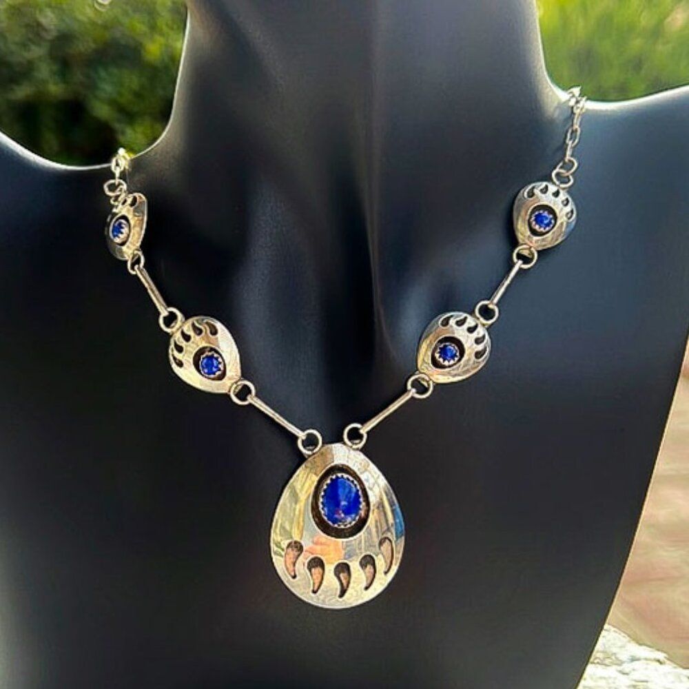 Vintage 5 Bear Paw Shadowbox with Lapis Lazuli Station Necklace 20”